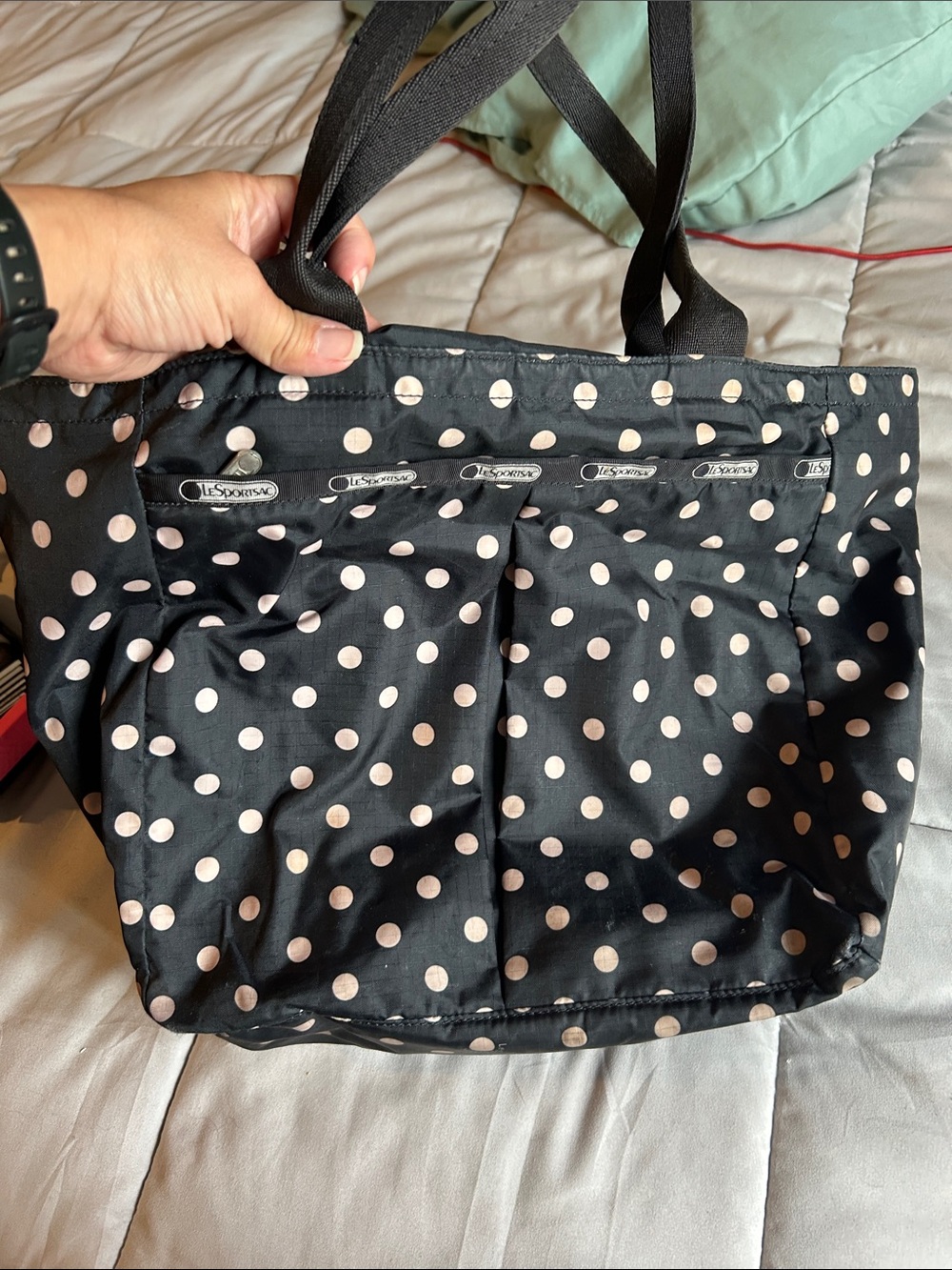 Lesportsac Black Tote with Light Pink Polka Dots